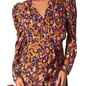 Allover Print Ruffle Trim Puff Sleeve Dress